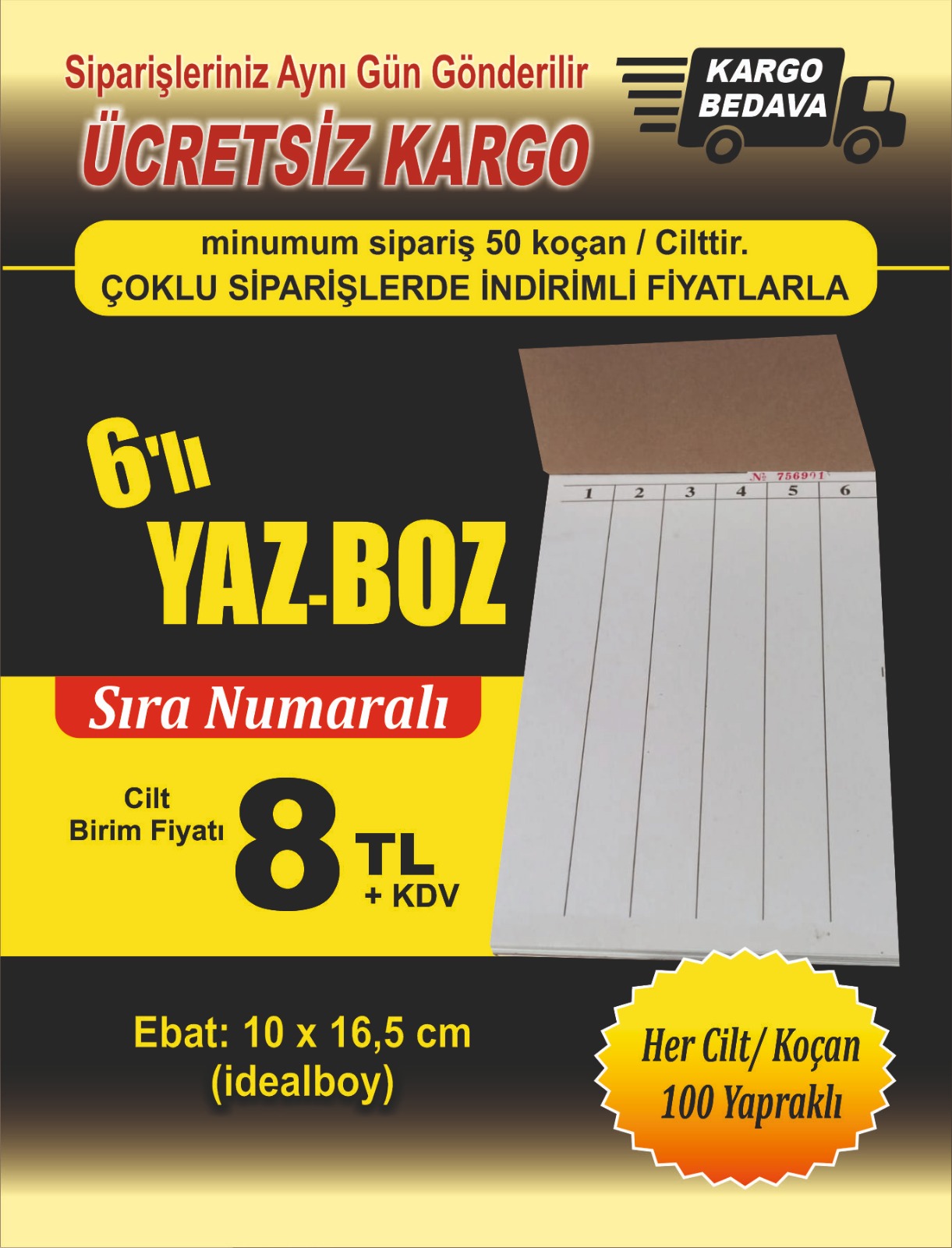 6lı yazboz - sıra numaralı yazboz